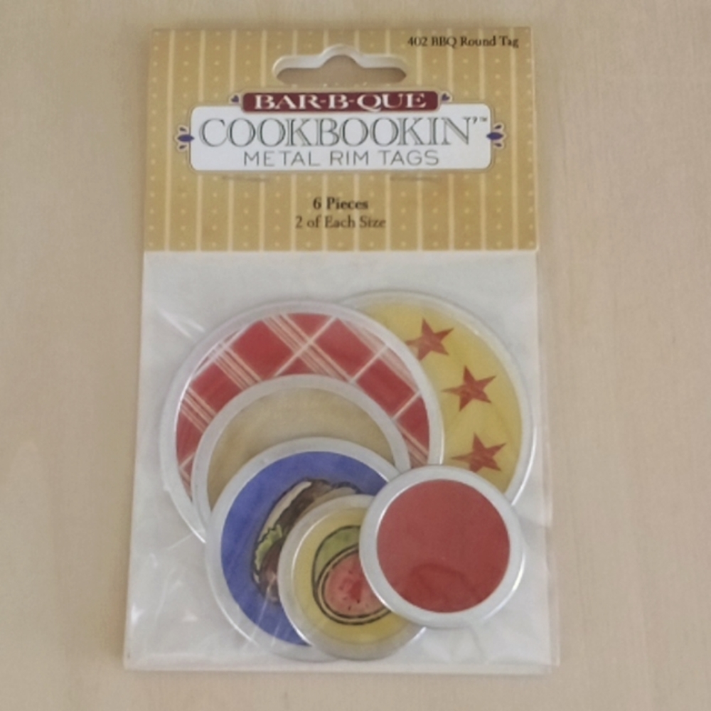 5/$20 BBQ Cookbookin' Round Metal Rim Tags 6Pc